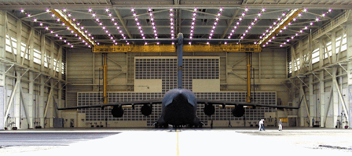 Aviation hangar constructed with pre-engineered metal building.